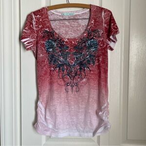 Maurices Red White Burnout Rose Ruching Short Sleeve Tee M Vintage Y2K Gothic